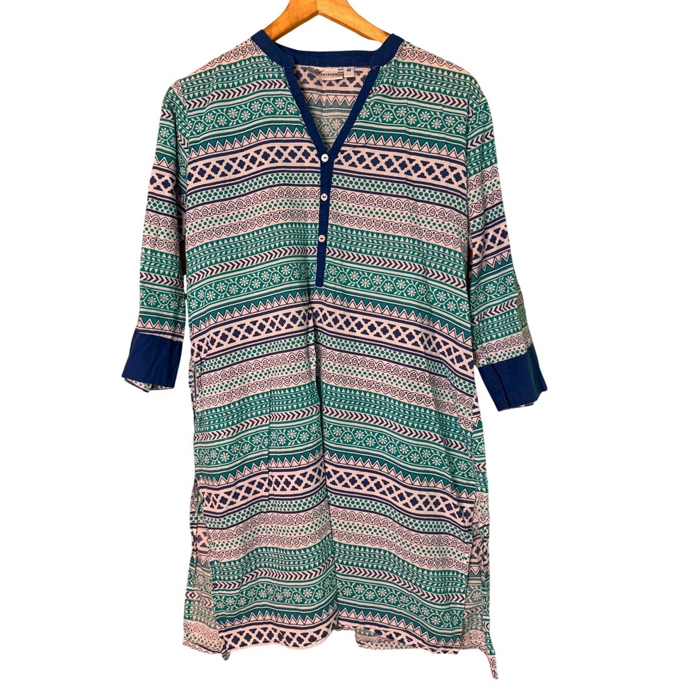 Westside Womens Cotton Swim Cover Up Teal Navy Geometric Print Size M Resort